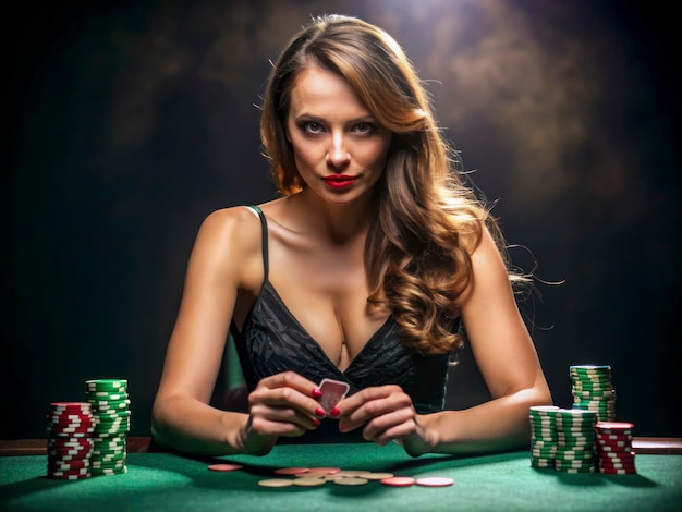 a woman in a black dress is playing poker with a poker chips