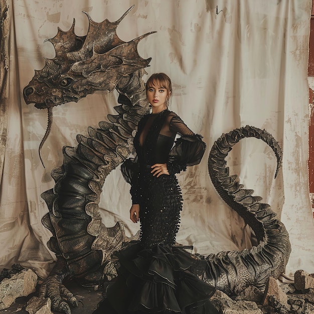 Photo a woman in a black dress is posing in front of a dragon