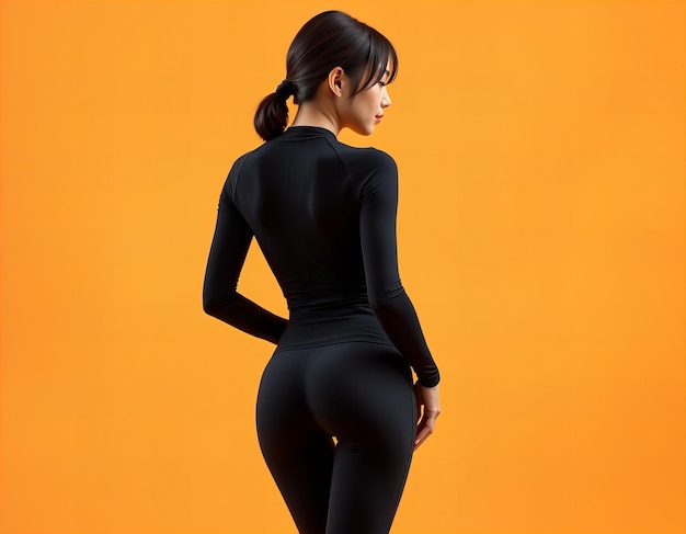 a woman in a black dress is posing in front of a orange background