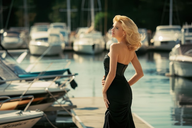 Photo a woman in a black dress is standing in front of a boat