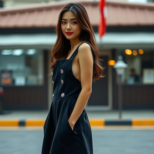 Photo a woman in a black dress is standing in front of a building