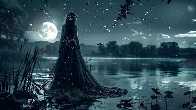 a woman in a black dress is standing on a rock in front of a full moon