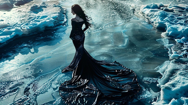 a woman in a black dress is standing in the water with the words  the word  on the bottom