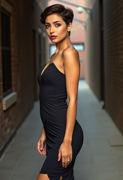 a woman in a black dress is walking down a sidewalk