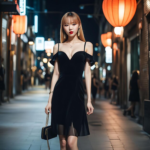 Photo a woman in a black dress is walking down a street