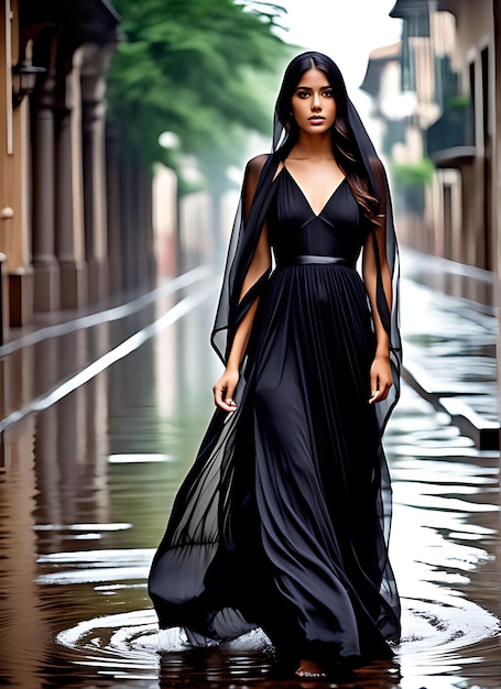 a woman in a black dress is walking in a puddle of water