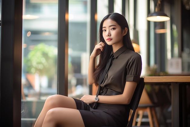 A woman in a black dress sits in a cafe and looks out a window.