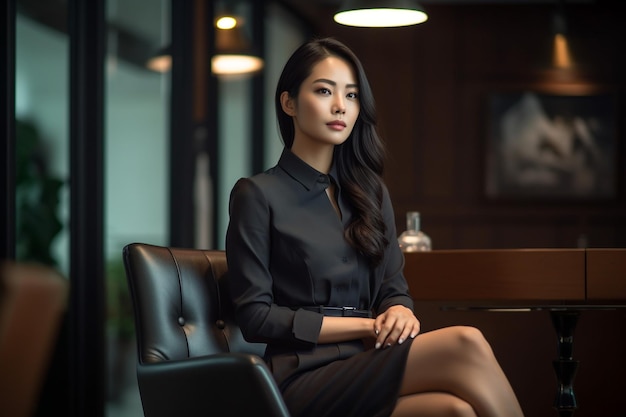 A woman in a black dress sits in a chair in a lobby.