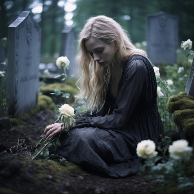 a woman in a black dress sitting in a cemetery with white roses