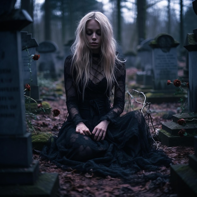 a woman in a black dress sitting on the ground in a cemetery