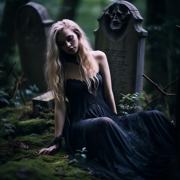 a woman in a black dress sitting on the ground in a graveyard