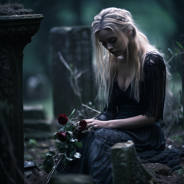 a woman in a black dress sitting on a tombstone with a rose in her hand