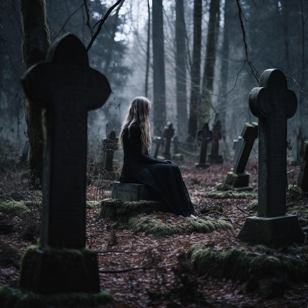 a woman in a black dress sitting on a tombstone in the woods