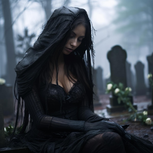 a woman in a black dress sitting on a tombstone