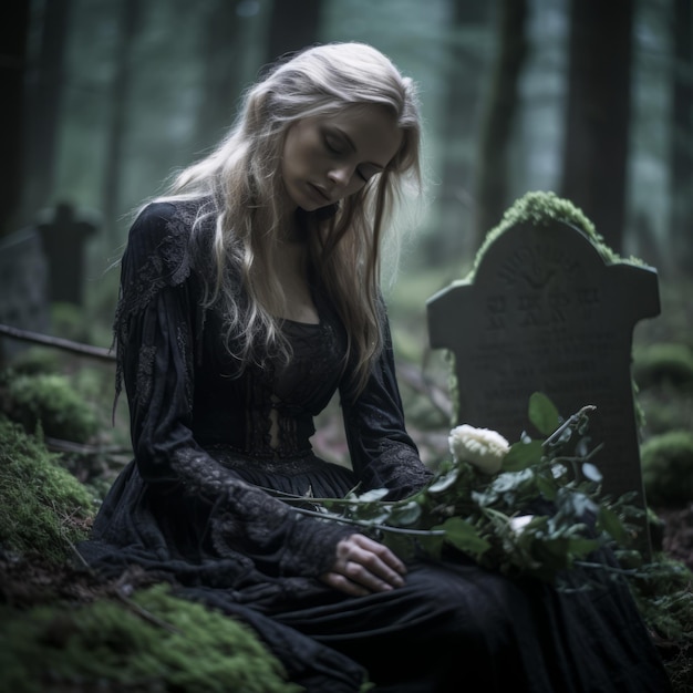 a woman in a black dress sitting in the woods holding a bouquet of flowers