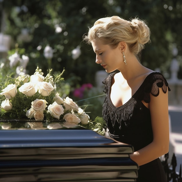 A woman in a black dress standing next to a bunch of flowers