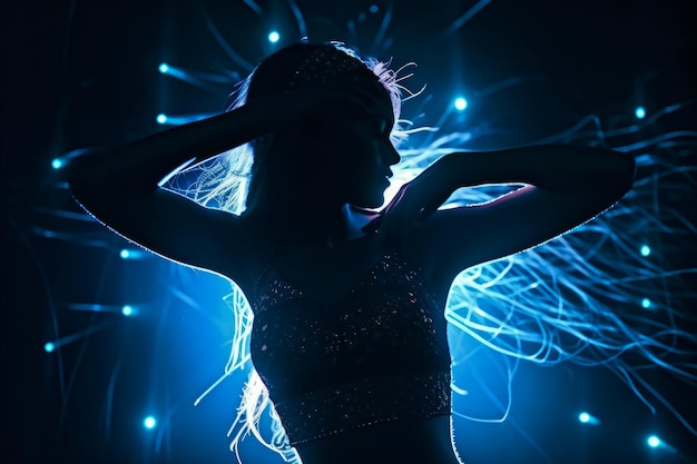 Woman in black dress standing in front of blue and white background Generative AI