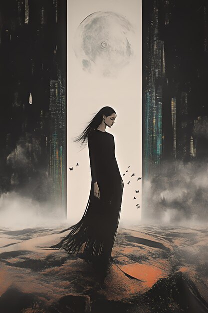 Photo woman in a black dress standing between two tall buildings with a full moon in the background with a flock of butterflies flying around her