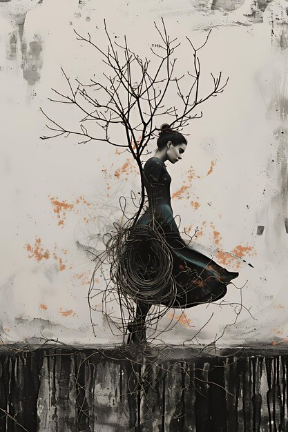 A woman in a black dress stands behind a bare tree surrounded by a dark and intricate pattern of lines