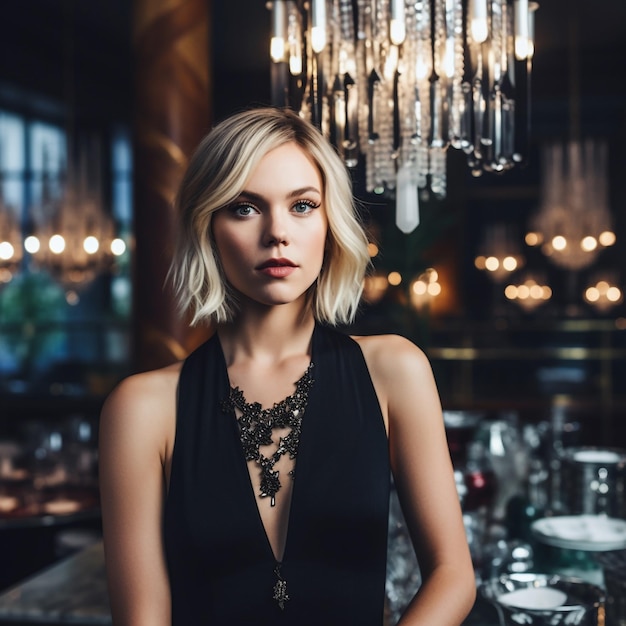 A woman in a black dress stands in front of a chandelier with a chandelier hanging from it.