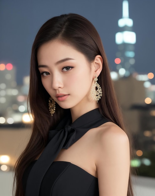 A woman in a black dress stands in front of a cityscape