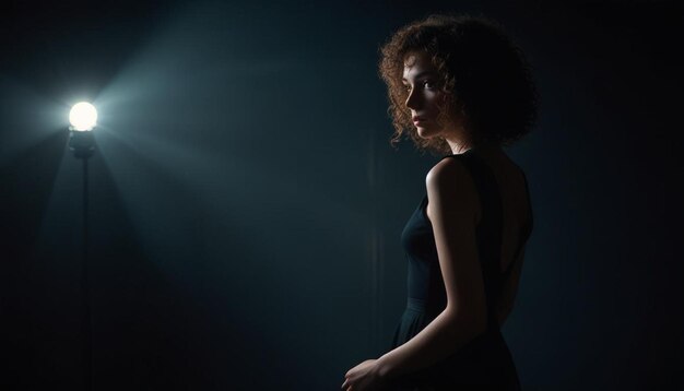 a woman in a black dress stands in front of a spotlight