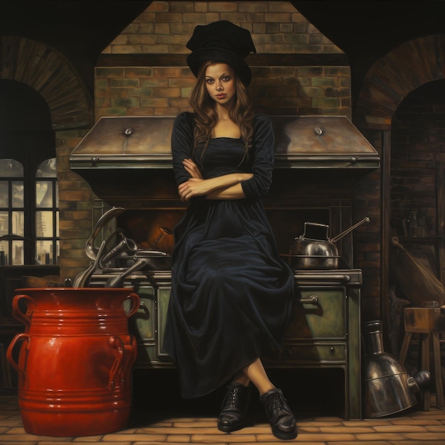 a woman in a black dress stands in front of a stove with a red pot on it.