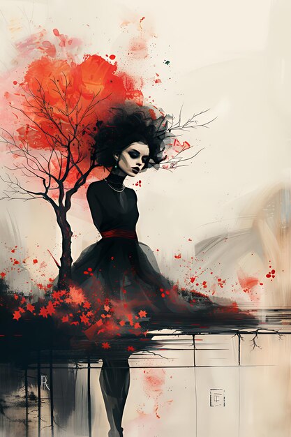 A woman in a black dress stands in front of a tree with red leaves painted in a watercolor style