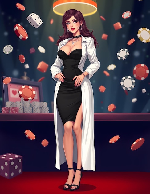 Photo a woman in a black dress stands in front of a window with a red dice in the background