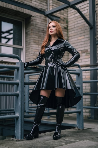 a woman in a black dress stands on a sidewalk