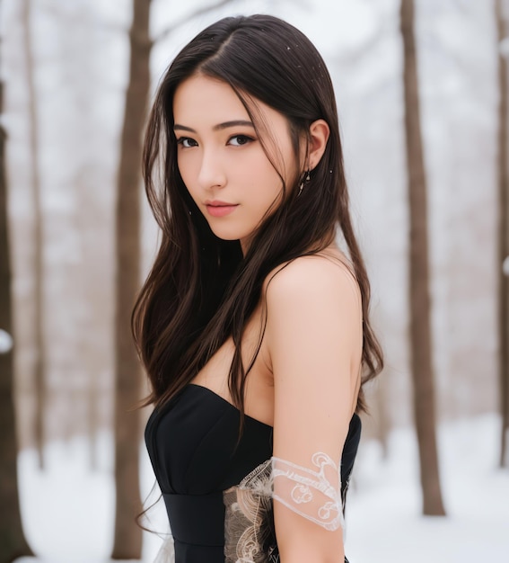 A woman in a black dress stands in the snow with the word'dragon'on the front