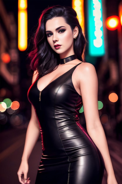 A woman in a black dress stands in the street