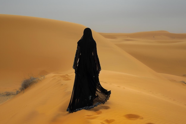 A woman in black dress walking on the sand dunes of saudi arabia high quality photo