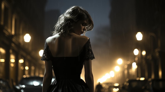 A woman in a black dress walks down a dimly lit street