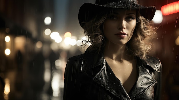 A woman in a black dress walks down a dimly lit street