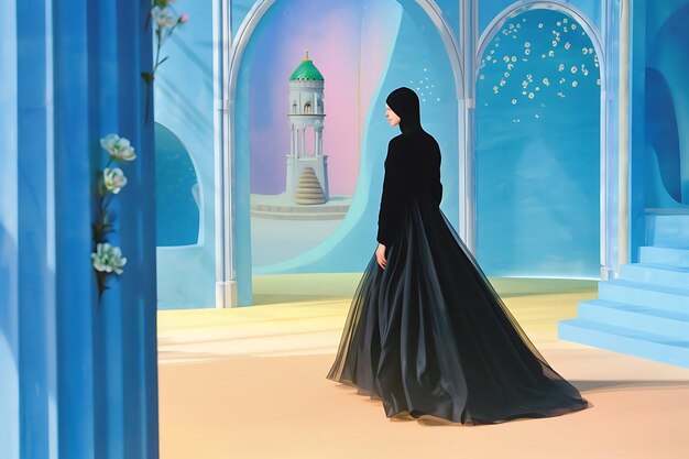 A Woman in a Black Dress Walks Past a Blue Archway