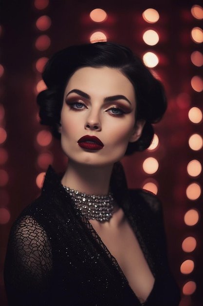 Woman in a black dress and wearing diamond neckless against a dark background