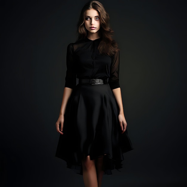 Photo a woman in a black dress with a belt that says quot shes wearing a black dress quot