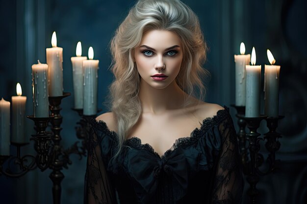 A woman in a black dress with candles