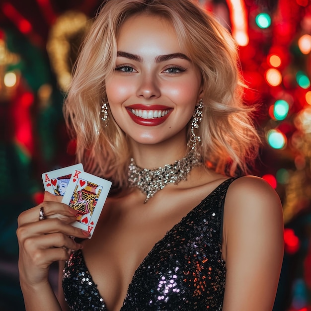 Photo a woman in a black dress with a card that says  lady