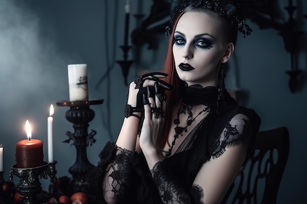 A woman in a black dress with a cross on her head stands in front of a candle holder.