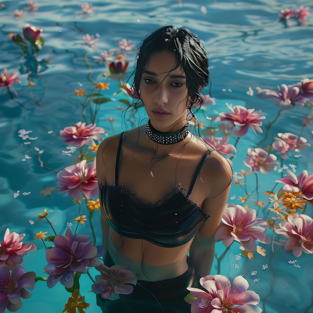 a woman in a black dress with flowers in the water