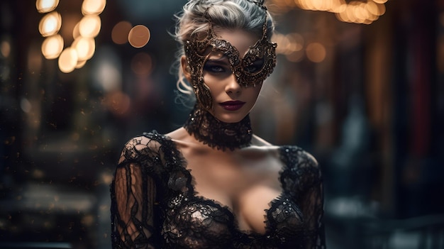 A woman in a black dress with a gold mask on her face stands in front of a blurred background of lights.