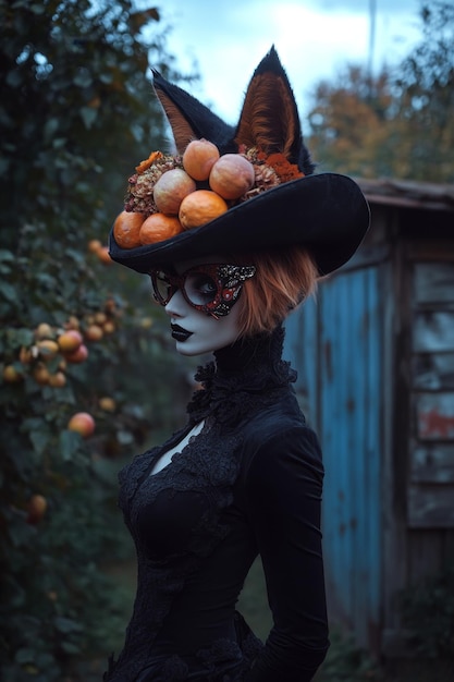 Photo a woman in a black dress with a hat on her head and a mask on her face