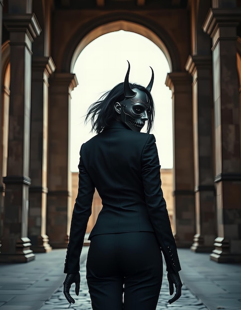 a woman in a black dress with horns stands in front of a building with a devil on her head