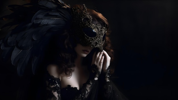 A woman in a black dress with a mask on her face.