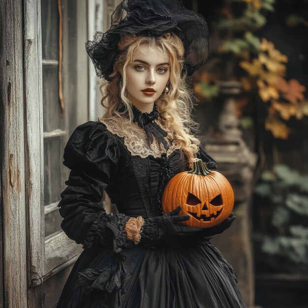 Photo a woman in a black dress with a pumpkin on her head