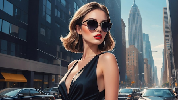 a woman in a black dress with red lips is walking in the city