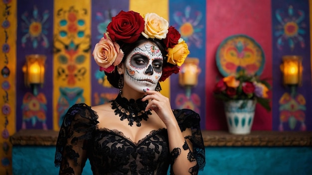 Photo a woman in a black dress with a skull and flowers on her head