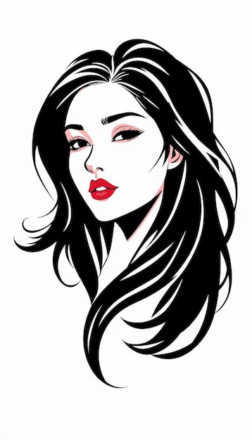 Woman black hair long bangs red lips white background